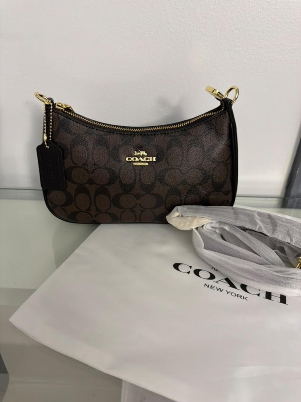 Coach Brown Signature Mini Shoulder Bag with Gold Hardware